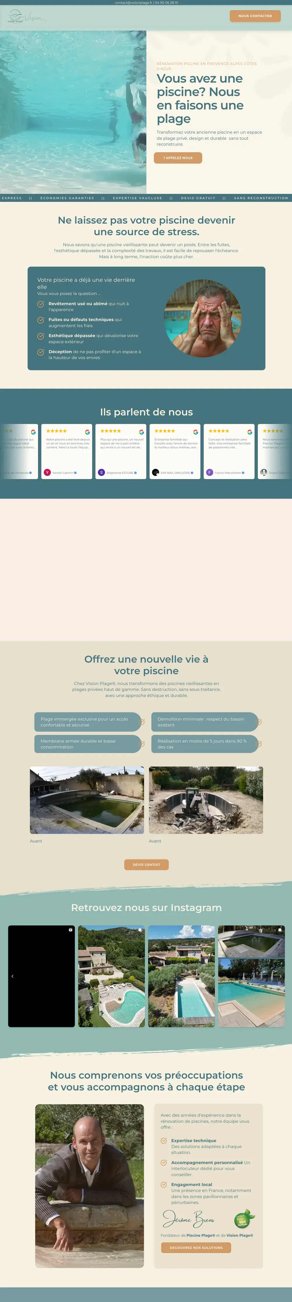 Vision Plage — website built by Monsieur Click Website of Vision Plage (Pool renovation, Provence) built by Monsieur Click, home page